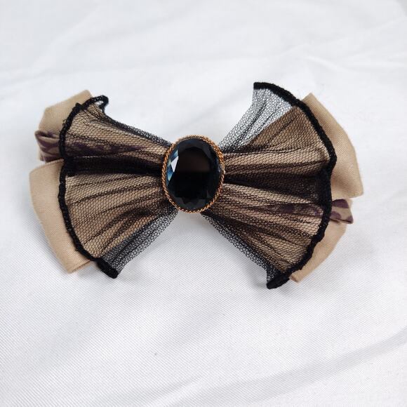 Vintage Dark Romantic Tulle Bow Barrette Made in France Glass Stone